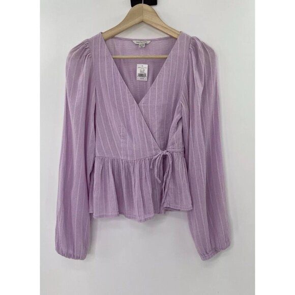 NWT American Eagle Cropped Lavender Puff Slv V-Neck Faux Wrap Boho Cottage Sz XS - Picture 1 of 10